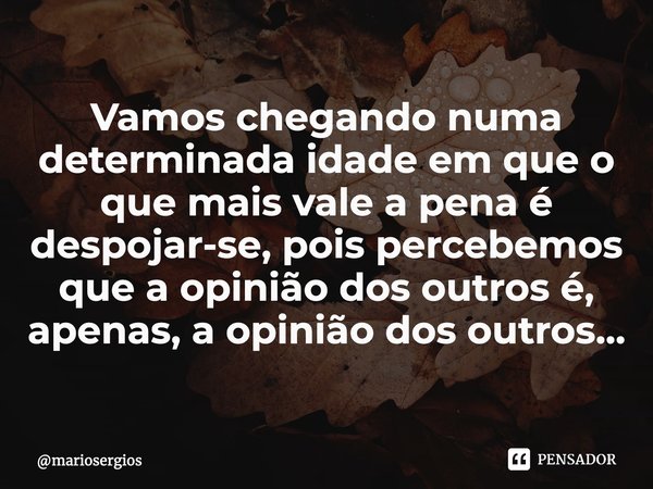 ⁠Vamos chegando numa determinada idade em que o que mais vale a pena é despojar-se, pois percebemos que a opinião dos outros é, apenas, a opinião dos outros...... Frase de mariosergios.