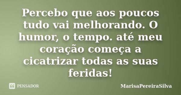 Percebo que aos poucos tudo vai melhorando. O humor, o tempo. até meu coração começa a cicatrizar todas as suas feridas!... Frase de MarisaPereiraSilva.