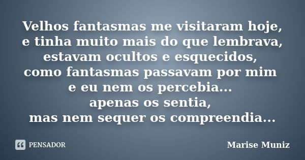 Velhos fantasmas me visitaram hoje, e tinha muito mais do que lembrava, estavam ocultos e esquecidos, como fantasmas passavam por mim e eu nem os percebia... ap... Frase de Marise Muniz.