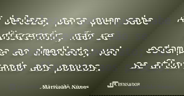 A beleza, para quem sabe discernir, não se estampa ao imediato; vai se aflorando aos poucos.... Frase de Marivaldo Nunes.