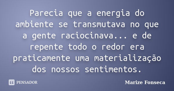 Parecia que a energia do ambiente se transmutava no que a gente raciocinava... e de repente todo o redor era praticamente uma materialização dos nossos sentimen... Frase de Marize Fonseca.