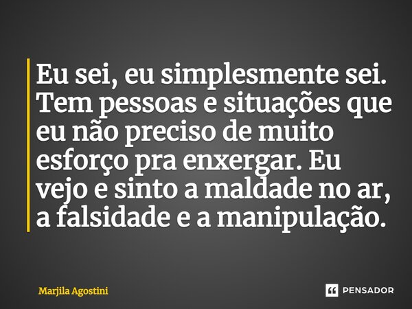 Eu sei, eu simplesmente sei. Tem pessoas e situações que eu não preciso⁠ de muito esforço pra enxergar. Eu vejo e sinto a maldade no ar, a falsidade e a manipul... Frase de Marjila Agostini.