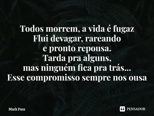 Todos morrem, a vida é fugaz
Flui devagar, rareando
e pronto repousa.
Tarda pra alguns,
mas ninguém fica pra trás...
Esse compromisso sempre nos ousa... Frase de Mark Pass.