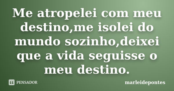 Me atropelei com meu destino,me isolei do mundo sozinho,deixei que a vida seguisse o meu destino.... Frase de Marleidepontes.