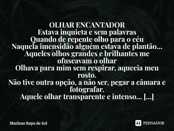 ⁠OLHAR ENCANTADOR
Estava inquieta e sem palavras
Quando de repente olho para o céu
Naquela imensidão alguém estava de plantão...
Aqueles olhos grandes e brilhan... Frase de Marlene Rayo de Sol.