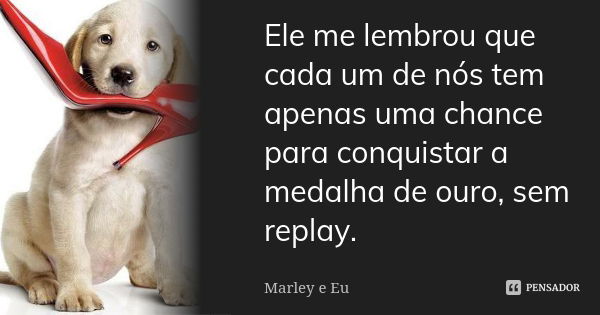 Ele me lembrou que cada um de nós tem apenas uma chance para conquistar a medalha de ouro, sem replay.... Frase de Marley e Eu.