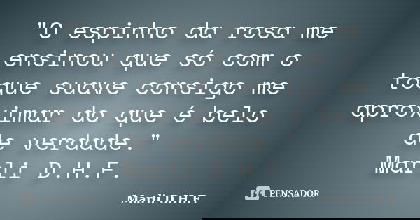 "O espinho da rosa me ensinou que só com o toque suave consigo me aproximar do que é belo de verdade." Marli D.H.F.... Frase de Marli D.H.F..