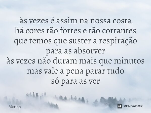 ⁠às vezes é assim na nossa costa há cores tão fortes e tão cortantes que temos que suster a respiração para as absorver às vezes não duram mais que minutos mas ... Frase de Marlop.