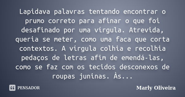 Lapidava palavras tentando encontrar o prumo correto para afinar o que foi desafinado por uma vírgula. Atrevida, queria se meter, como uma faca que corta contex... Frase de Marly Oliveira.