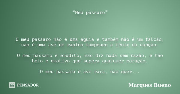 “Meu pássaro” O meu pássaro não é uma águia e também não é um falcão, não é uma ave de rapina tampouco a fênix da canção. O meu pássaro é erudito, não diz nada ... Frase de marques bueno.