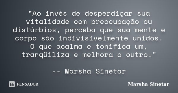 "Ao invés de desperdiçar sua vitalidade com preocupação ou distúrbios, perceba que sua mente e corpo são indivisivelmente unidos. O que acalma e tonifica u... Frase de Marsha Sinetar.