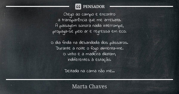 Chego ao campo e encontro a transparência que me arrebata. A paisagem sonora nada interrompe, propaga-se pelo ar e regressa em eco. O dia finda na debandada dos... Frase de Marta Chaves.