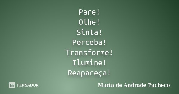 Pare! Olhe! Sinta! Perceba! Transforme! Ilumine! Reapareça!... Frase de Marta de Andrade Pacheco.