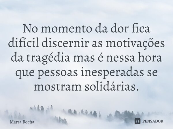 ⁠No momento da dor fica difícil discernir as motivações da tragédia mas é nessa hora que pessoas inesperadas se mostram solidárias.... Frase de Marta Rocha.