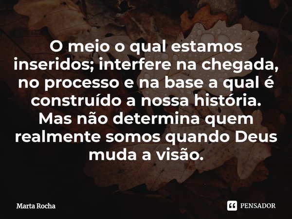 O meio o qual estamos inseridos; interfere na chegada, no processo e na base a qual é construído a nossa história. Mas não determina quem realmente somos quando... Frase de Marta Rocha.