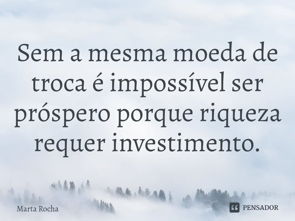 ⁠Sem a mesma moeda de troca é impossível ser próspero porque riqueza requer investimento.... Frase de Marta Rocha.