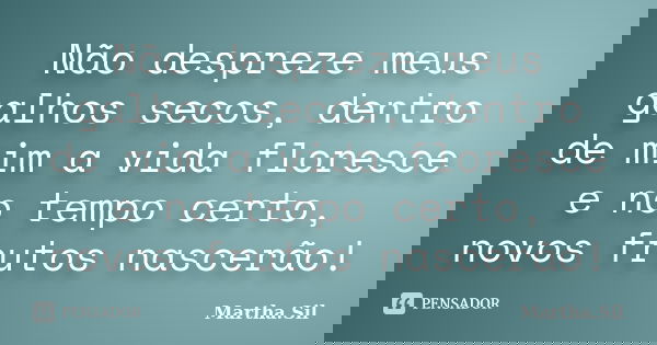 Não despreze meus galhos secos, dentro de mim a vida floresce e no tempo certo, novos frutos nascerão!... Frase de Martha.Sil.