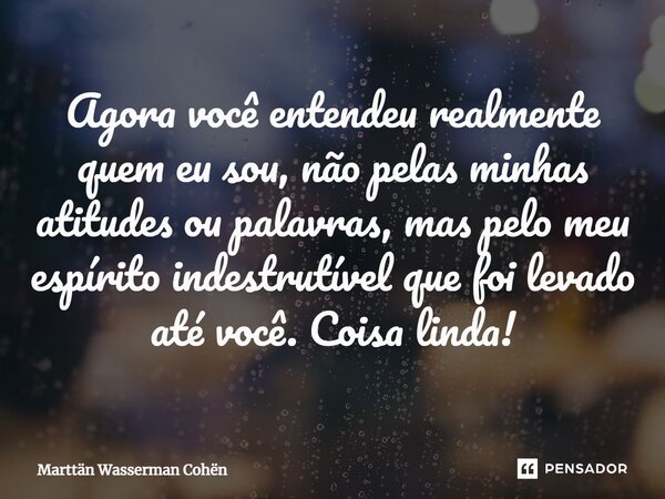 ⁠Agora você entendeu realmente quem eu sou, não pelas minhas atitudes ou palavras, mas pelo meu espírito indestrutível que foi levado até você. Coisa linda!... Frase de Marttän Wasserman Cohën.