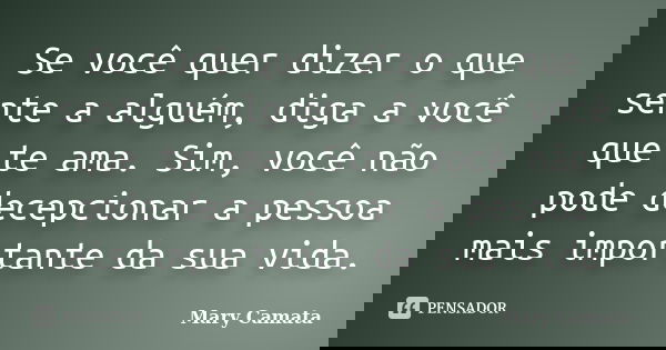 Se você quer dizer o que sente a alguém, diga a você que te ama. Sim, você não pode decepcionar a pessoa mais importante da sua vida.... Frase de Mary Camata.
