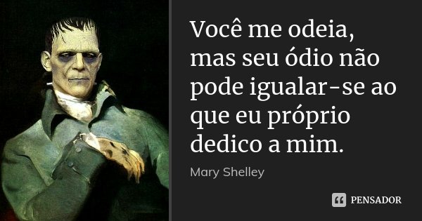 Você me odeia, mas seu ódio não pode igualar-se ao que eu próprio dedico a mim.... Frase de Mary Shelley.