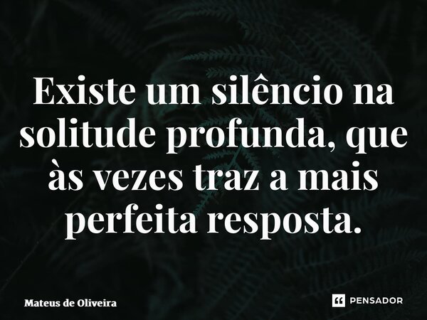 ⁠Existe um silêncio na solitude profunda, que às vezes traz a mais perfeita resposta.... Frase de Mateus de Oliveira.