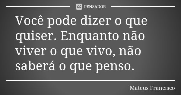 Você pode dizer o que quiser. Enquanto não viver o que vivo, não saberá o que penso.... Frase de Mateus Francisco.