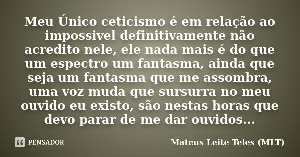 Meu Único ceticismo é em relação ao impossivel definitivamente não acredito nele, ele nada mais é do que um espectro um fantasma, ainda que seja um fantasma que... Frase de Mateus Leite Teles (MLT).