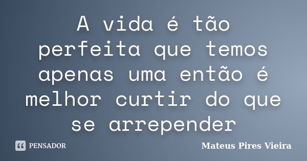 A vida é tão perfeita que temos apenas uma então é melhor curtir do que se arrepender... Frase de Mateus Pires Vieira.