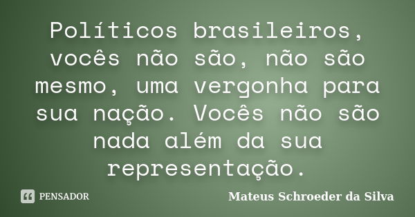 Políticos brasileiros, vocês não são, não são mesmo, uma vergonha para sua nação. Vocês não são nada além da sua representação.... Frase de Mateus Schroeder da Silva.