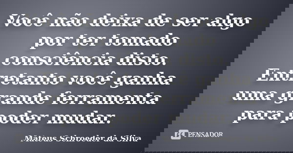 Você não deixa de ser algo por ter tomado consciência disto. Entretanto você ganha uma grande ferramenta para poder mudar.... Frase de Mateus Schroeder da Silva.
