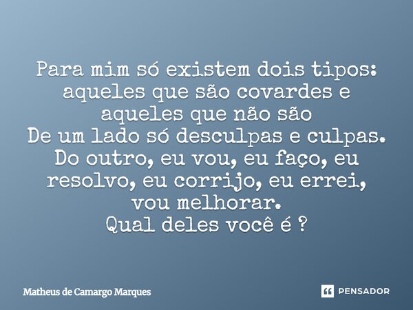 Para mim só existe dois tipos aqueles que são covardes e aqueles que não são ? De um lado só desculpas e culpas. Do outro, eu vou, eu faço. eu resolvo, eu corr... Frase de Matheus de Camargo Marques.