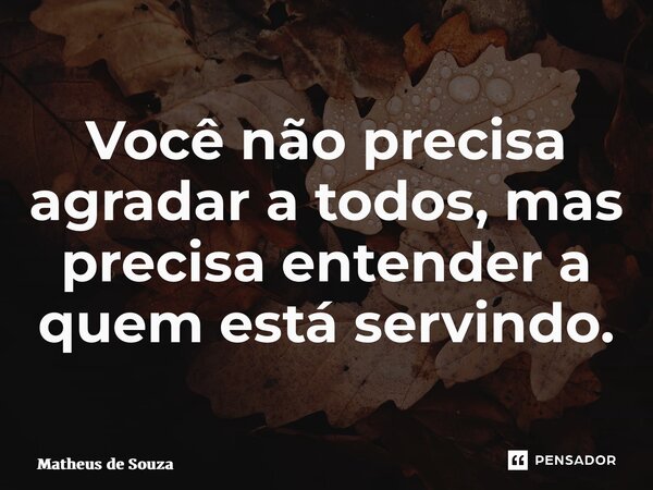 ⁠Você não precisa agradar a todos, mas precisa entender a quem está servindo.... Frase de Matheus de Souza.