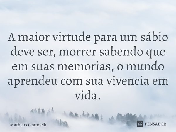 A maior virtude para um sábio deve ser, morrer sabendo que em suas memorias, o mundo aprendeu com sua vivencia em vida.... Frase de Matheus Grandelli.