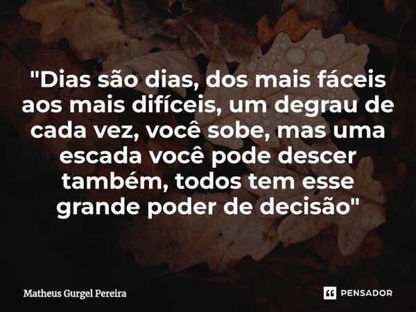 ⁠ "Dias são dias, dos mais fáceis aos mais difíceis, um degrau de cada vez, você sobe, mas uma escada você pode descer também, todos tem esse grande poder ... Frase de Matheus Gurgel Pereira.