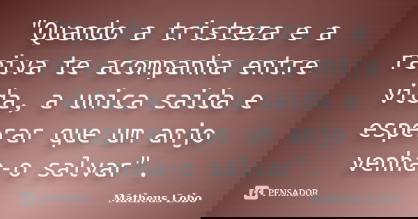"Quando a tristeza e a raiva te acompanha entre vida, a unica saida e esperar que um anjo venha-o salvar".... Frase de Matheus Lobo.
