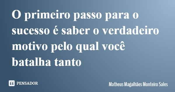 O primeiro passo para o sucesso é saber o verdadeiro motivo pelo qual você batalha tanto... Frase de Matheus Magalhães Monteiro Sales.