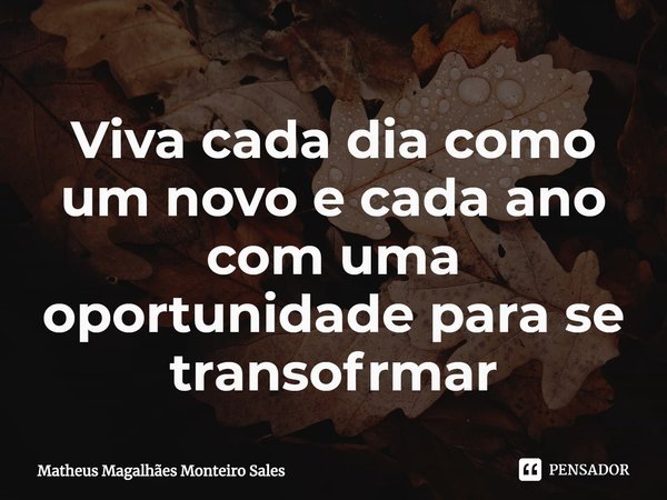 Viva cada dia como um novo e cada ano com uma oportunidade para se transofrmar⁠... Frase de Matheus Magalhães Monteiro Sales.