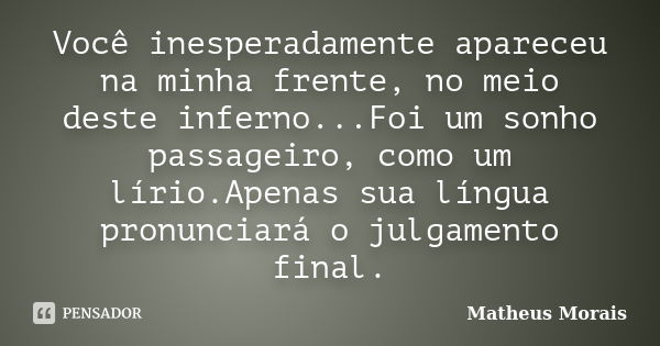 Você inesperadamente apareceu na minha frente, no meio deste inferno...Foi um sonho passageiro, como um lírio.Apenas sua língua pronunciará o julgamento final.... Frase de Matheus Morais.