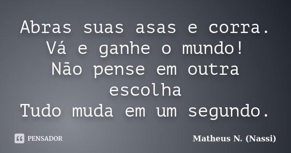 Abras suas asas e corra. Vá e ganhe o mundo! Não pense em outra escolha Tudo muda em um segundo.... Frase de Matheus N. (Nassi).