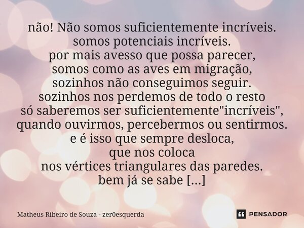 ⁠não! Não somos suficientemente incríveis. somos potenciais incríveis. por mais avesso que possa parecer, somos como as aves em migração, sozinhos não conseguim... Frase de Matheus Ribeiro de Souza - Zer0esquerda.