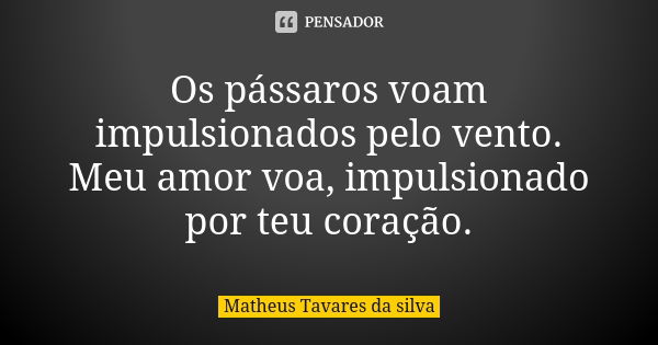 Os pássaros voam impulsionados pelo vento. Meu amor voa, impulsionado por teu coração.... Frase de MATHEUS TAVARES DA SILVA.