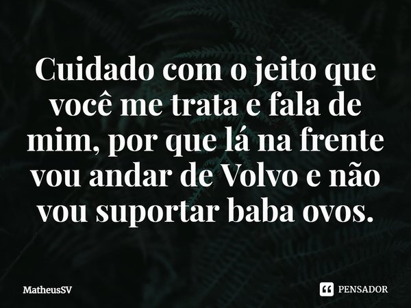 ⁠Cuidado com o jeito que você me trata e fala de mim, por que lá na frente vou andar de Volvo e não vou suportar baba ovos.... Frase de MatheusSV.