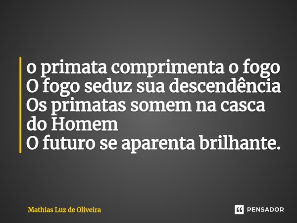 ⁠o primata comprimenta o fogo O fogo seduz sua descendência Os primatas somem na casca do Homem O futuro se aparenta brilhante.... Frase de Mathias luz de Oliveira.