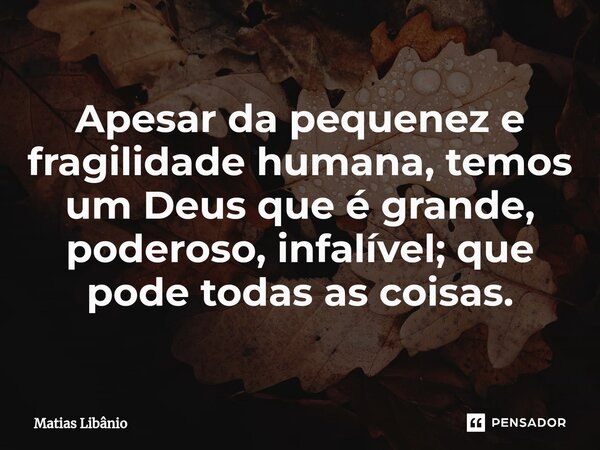 Apesar da pequenez e fragilidade humana, temos um Deus que é grande, poderoso, infalível; que pode todas as coisas.... Frase de Matias Libânio.