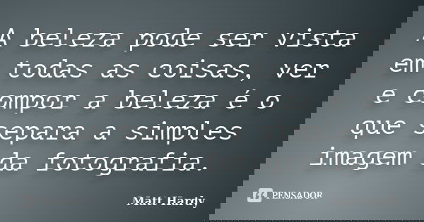 A beleza pode ser vista em todas as coisas, ver e compor a beleza é o que separa a simples imagem da fotografia.... Frase de Matt Hardy.