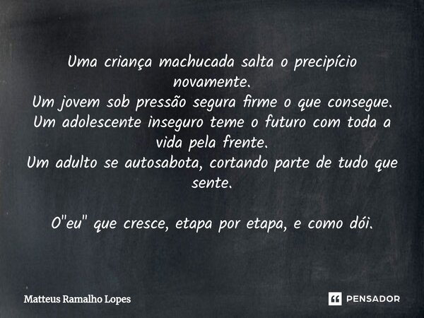 ⁠Uma criança machucada salta o precipício novamente. Um jovem sob pressão segura firme o que consegue. Um adolescente inseguro teme o futuro com toda a vida pel... Frase de Matteus Ramalho Lopes.