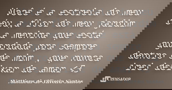 Você é a estrela do meu céu,a flor do meu jardim a menina que está guardada pra sempre dentro de mim , que nunca irei deixar de amar <3... Frase de Mattheus de Oliveira Santos.