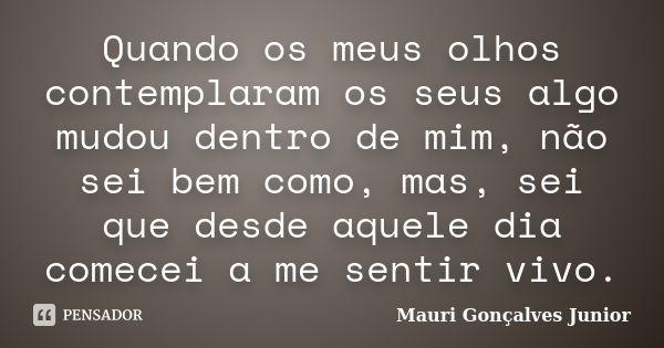 Quando os meus olhos contemplaram os seus algo mudou dentro de mim, não sei bem como, mas, sei que desde aquele dia comecei a me sentir vivo.... Frase de Mauri Gonçalves Junior.