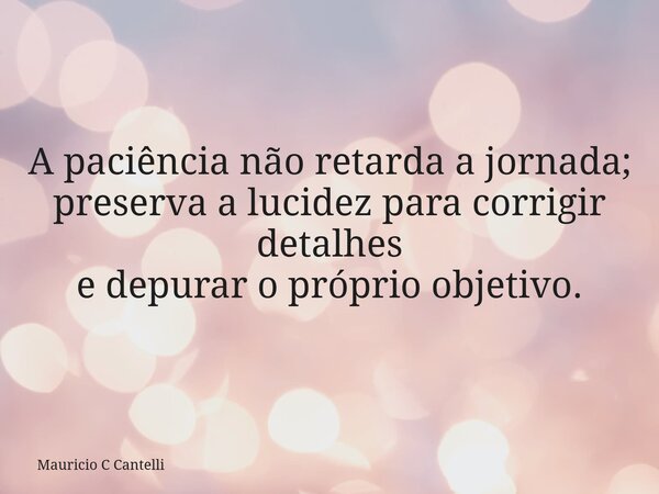 A paciência não retarda a jornada; preserva a lucidez para corrigir detalhes e depurar o próprio objetivo.... Frase de Mauricio C Cantelli.