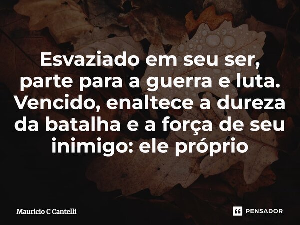 ⁠Esvaziado em seu ser, parte para a guerra e luta. Vencido, enaltece a dureza da batalha e a força de seu inimigo: ele próprio... Frase de Mauricio C Cantelli.